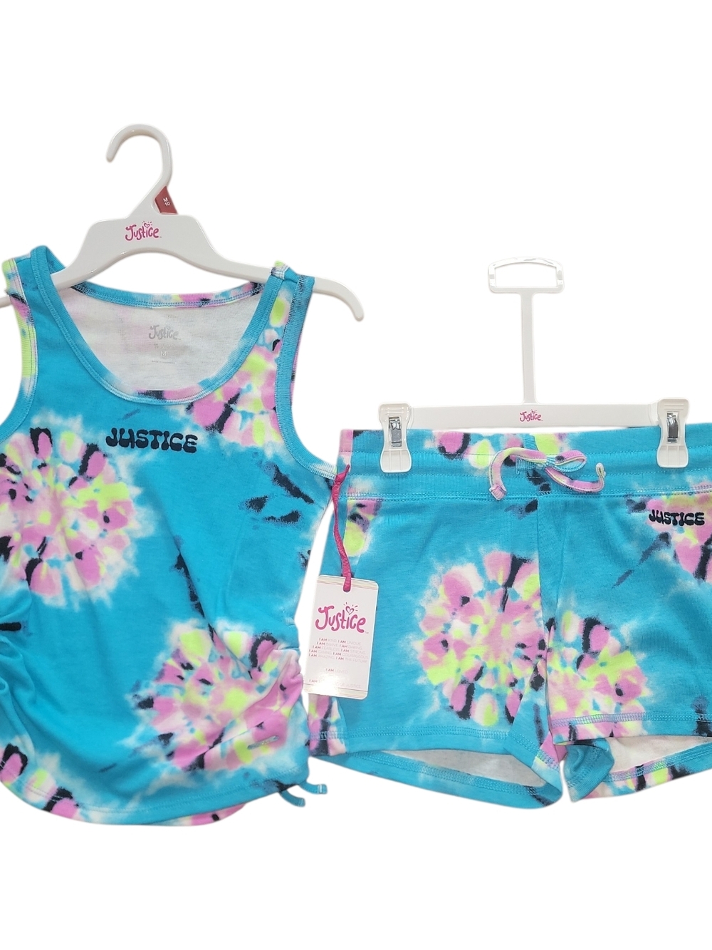Justice Girls Bright Blue Tie-Dye Tank & Shorts Set with Pink and Yellow Accents